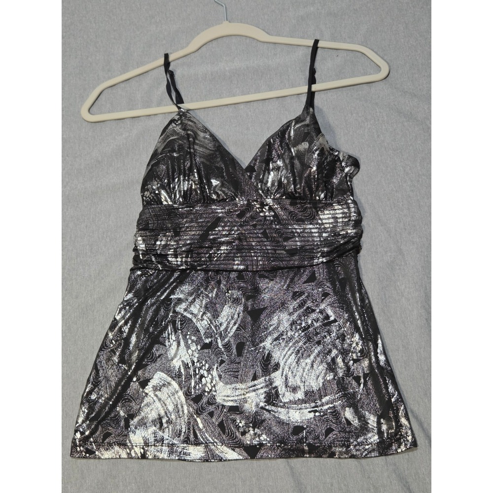 Body Central Womens Medium Silver Black Metallic Foil Ruched Camisole Top Y2K